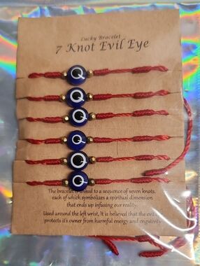 7-Knot Evil Eye Bracelet Set with Red Cord and Blue Beads X 6